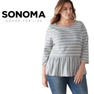 3X Sonoma Striped Cotton Blend Peplum Top